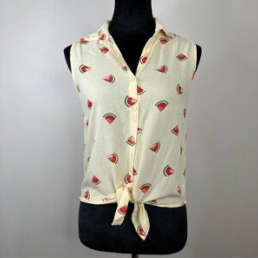 Japna Cream Watermelon Print Tie-Front Tank Top